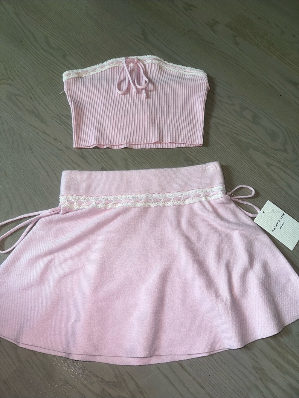 Light Pink Lace-Trim Knit Skirt Set — Strapless Crop Top & Skirt